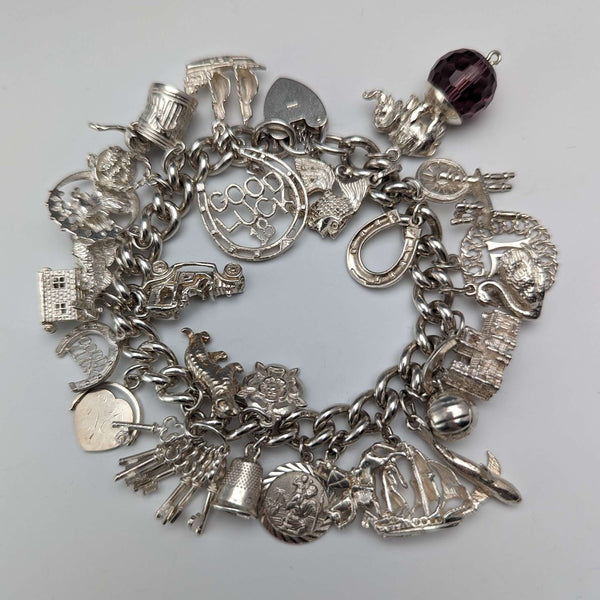 British vintage sterling silver charm bracelet 100g