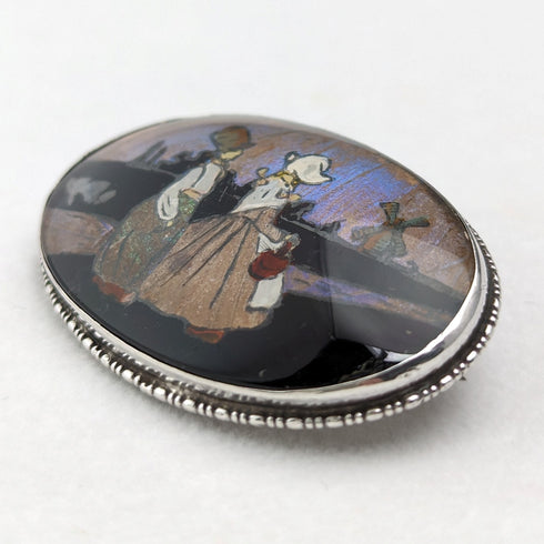 古董荷蘭風景蝴蝶翅膀銀胸針