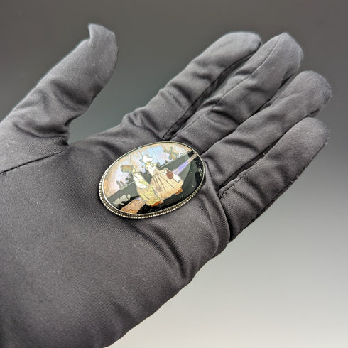 古董荷蘭風景蝴蝶翅膀銀胸針