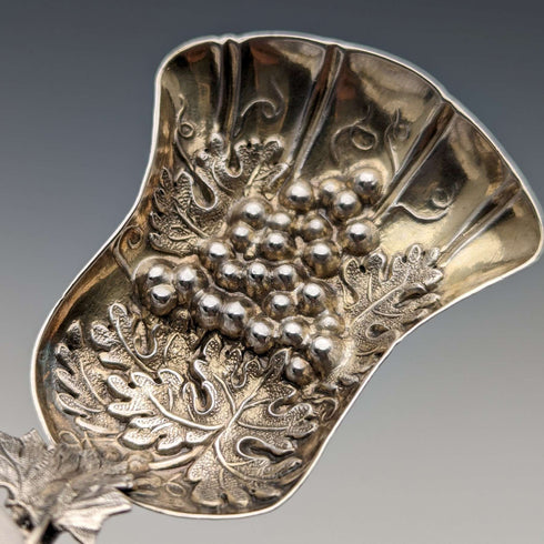 1880 British Antique Sterling Silver Tea Caddy Spoon with Grape Decoration
