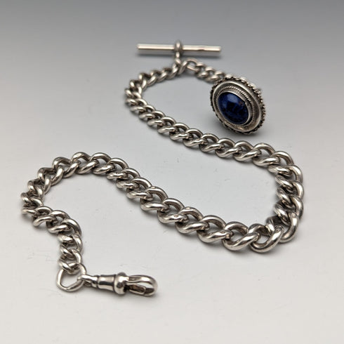 19 世紀末英國古董純銀阿爾伯特鍊 61 克青金石吊墜