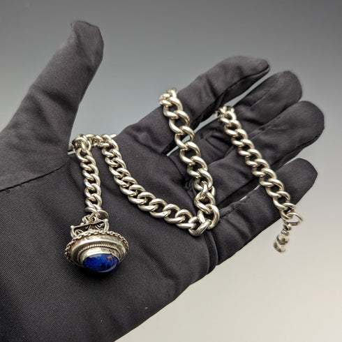 19 世紀末英國古董純銀阿爾伯特鍊 61 克青金石吊墜