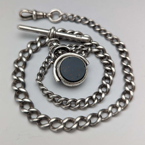 Circa 1900 British Antique Sterling Silver Albert Chain 35g 2 Color Rotating Fob