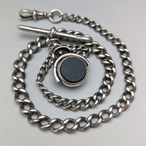 Circa 1900 British Antique Sterling Silver Albert Chain 35g 2 Color Rotating Fob