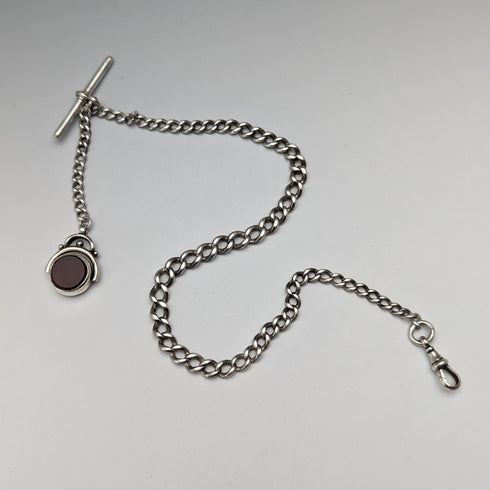 Circa 1900 British Antique Sterling Silver Albert Chain 35g 2 Color Rotating Fob