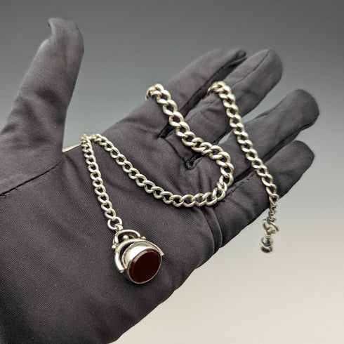 Circa 1900 British Antique Sterling Silver Albert Chain 35g 2 Color Rotating Fob