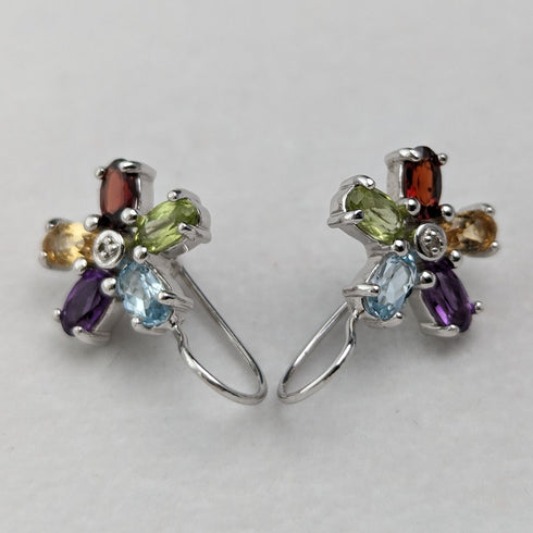 英国ヴィンテージジュエリー ダイヤモンド&マルチストーンフラワー 純銀ピアス