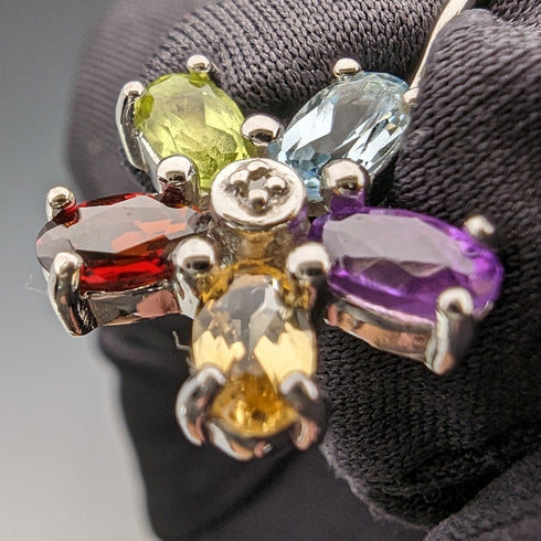 英国ヴィンテージジュエリー ダイヤモンド&マルチストーンフラワー 純銀ピアス