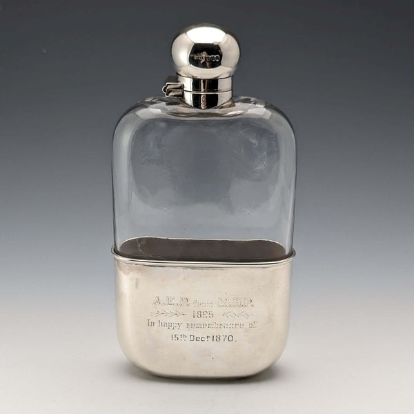 1895 British Antique Sterling Silver & Glass Skittles Hip Flask James Dixon and Sons