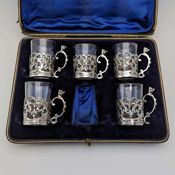 1906年 英国アンティーク 純銀ホルダ リキュールグラス 5個セット Marks and Cohen ケース入