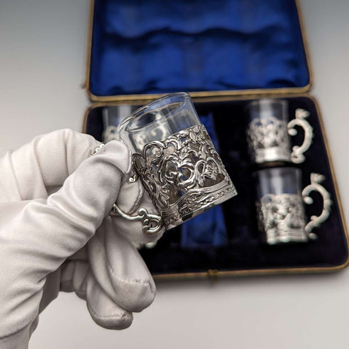 1906 年英國古董純銀酒杯利口酒玻璃杯套裝 5 件馬克和科恩盒