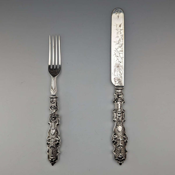 Circa 1860 British Antique Sterling Silver Handle Dessert Cutlery Pair