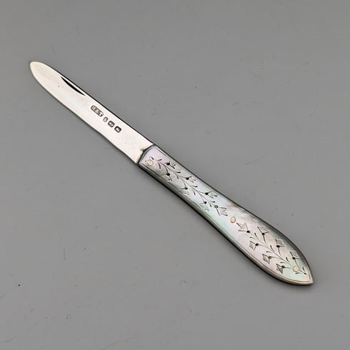 1884年 英国アンティーク 白蝶貝ハンドル 純銀ブレード ペンナイフ Hilliard and Thomason