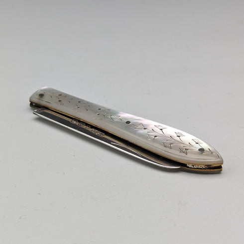1884年 英国アンティーク 白蝶貝ハンドル 純銀ブレード ペンナイフ Hilliard and Thomason