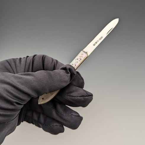 1884年 英国アンティーク 白蝶貝ハンドル 純銀ブレード ペンナイフ Hilliard and Thomason