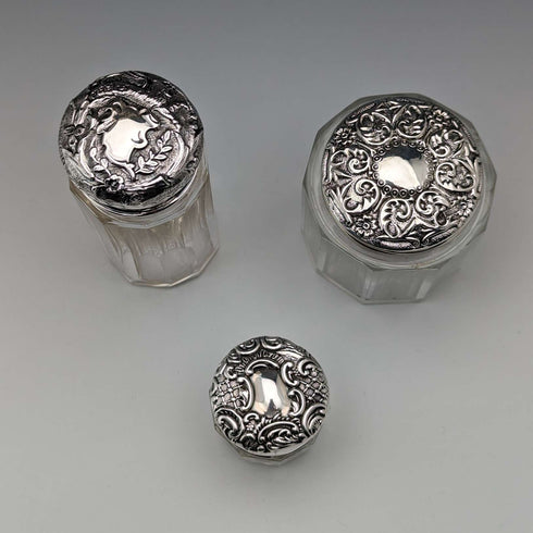 Circa 1903 British Antique Sterling Silver Lid Glass Jar Set of 3