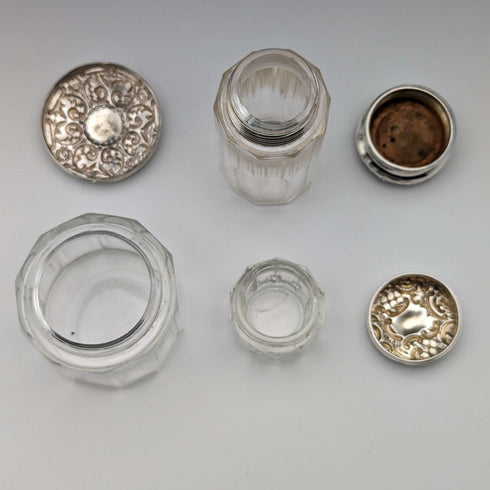 Circa 1903 British Antique Sterling Silver Lid Glass Jar Set of 3
