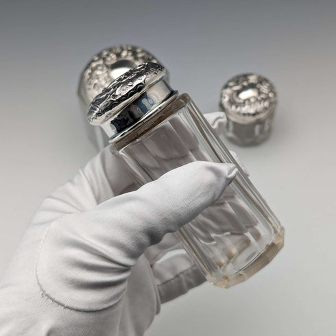 Circa 1903 British Antique Sterling Silver Lid Glass Jar Set of 3