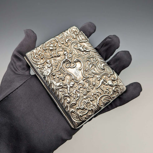 1900年 英国アンティーク 天使彫刻 両開き型 純銀カードケース 117g WILLIAM COMYNS