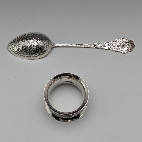 Circa 1900 British Antique Sterling Silver Spoon and Napkin Ring Set 36g in Case Hilliard and Tomason