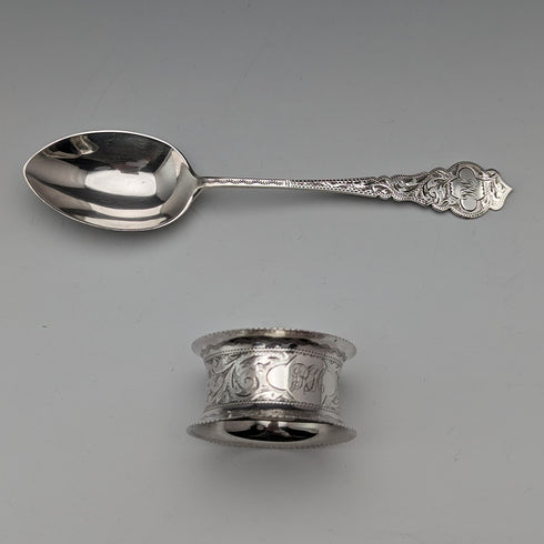 Circa 1900 British Antique Sterling Silver Spoon and Napkin Ring Set 36g in Case Hilliard and Tomason