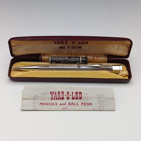 British Vintage Yard O' Red Rolled Silver Hexagon Propelled Pencil in Case