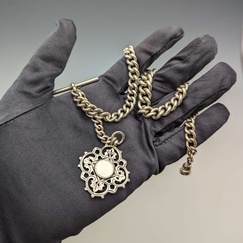 1900年頃 英国アンティーク 純銀製アルバートチェーン62g メダルフォブ