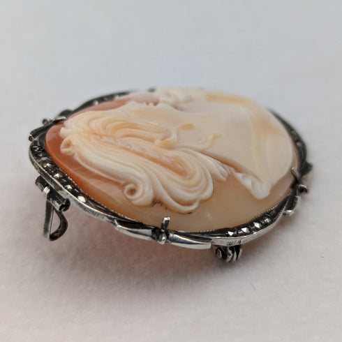 ヴィンテージ 800シルバー&マルカサイト シェルカメオ ブローチ、ペンダント