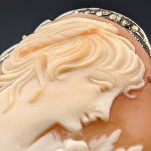 ヴィンテージ 800シルバー&マルカサイト シェルカメオ ブローチ、ペンダント