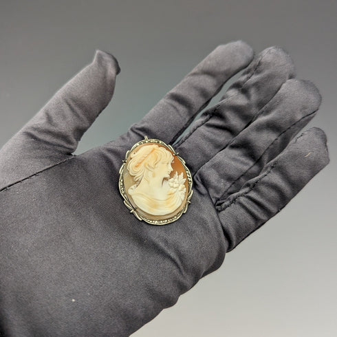 ヴィンテージ 800シルバー&マルカサイト シェルカメオ ブローチ、ペンダント