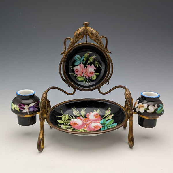 1900年頃 英国アンティーク 真鍮、陶器製 懐中時計ホルダー アクセサリートレイ