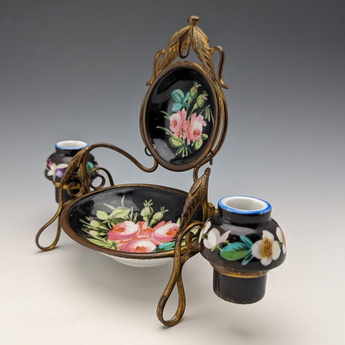 1900年頃 英国アンティーク 真鍮、陶器製 懐中時計ホルダー アクセサリートレイ