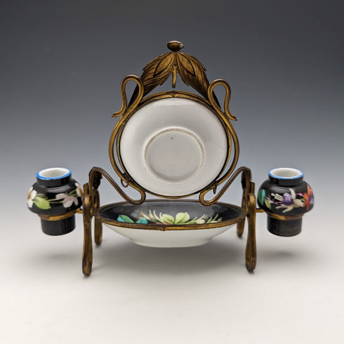 1900年頃 英国アンティーク 真鍮、陶器製 懐中時計ホルダー アクセサリートレイ