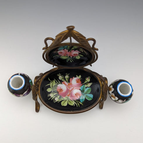 1900年頃 英国アンティーク 真鍮、陶器製 懐中時計ホルダー アクセサリートレイ