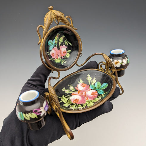 1900年頃 英国アンティーク 真鍮、陶器製 懐中時計ホルダー アクセサリートレイ