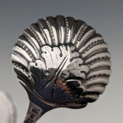 Circa 1890 Swiss antique sterling silver tea caddy spoon with shell and angel decoration