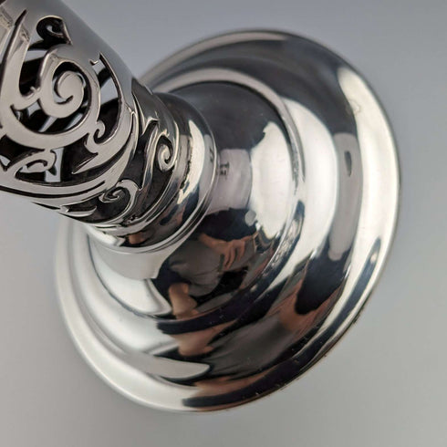 Circa 1901 British antique sterling silver vase pair with earring decoration, total weight 312g, Josiah Williams