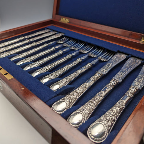 1871 British antique all-sterling silver fish cutlery set, 6 pairs, total weight 607g, Martin and Hall, wooden box