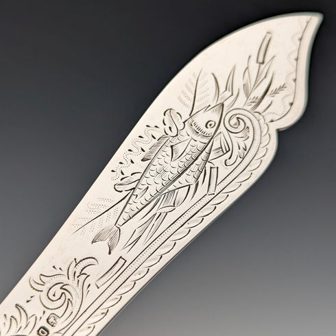 1871 British antique all-sterling silver fish cutlery set, 6 pairs, total weight 607g, Martin and Hall, wooden box