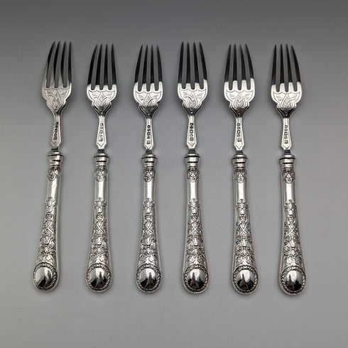 1871 British antique all-sterling silver fish cutlery set, 6 pairs, total weight 607g, Martin and Hall, wooden box
