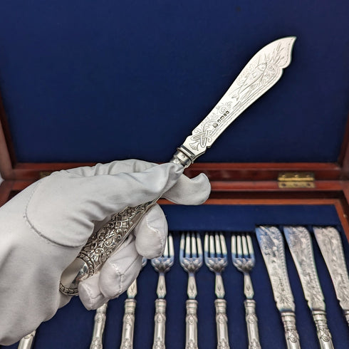 1871 年英國古董純銀魚餐具組 6 對共 607 克 Martin and Hall 木盒