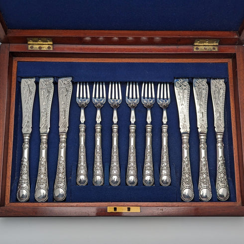 1871 British antique all-sterling silver fish cutlery set, 6 pairs, total weight 607g, Martin and Hall, wooden box