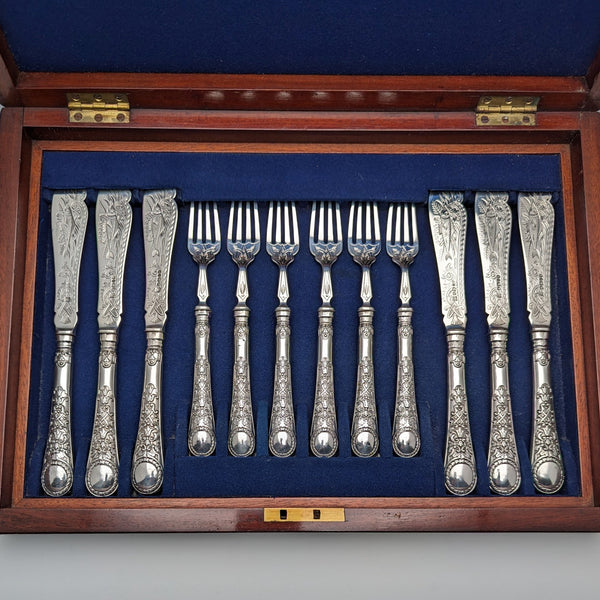 1871 British antique all-sterling silver fish cutlery set, 6 pairs, total weight 607g, Martin and Hall, wooden box