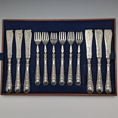 1871年 英国アンティーク 総純銀製 フィッシュカトラリーセット 6ペア 計608g Martin and Hall トレー入り