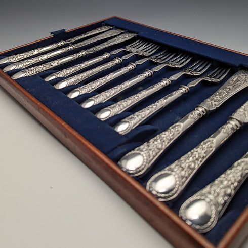 1871 British antique all-sterling silver fish cutlery set, 6 pairs, total 608g, Martin and Hall, with tray