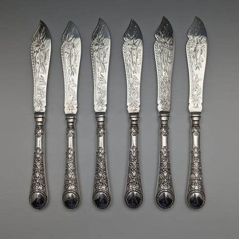 1871 British antique all-sterling silver fish cutlery set, 6 pairs, total 608g, Martin and Hall, with tray