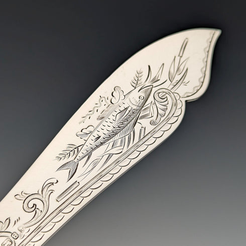 1871 British antique all-sterling silver fish cutlery set, 6 pairs, total 608g, Martin and Hall, with tray