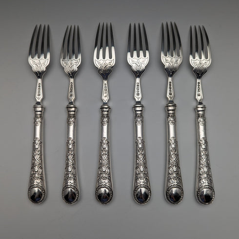 1871 British antique all-sterling silver fish cutlery set, 6 pairs, total 608g, Martin and Hall, with tray