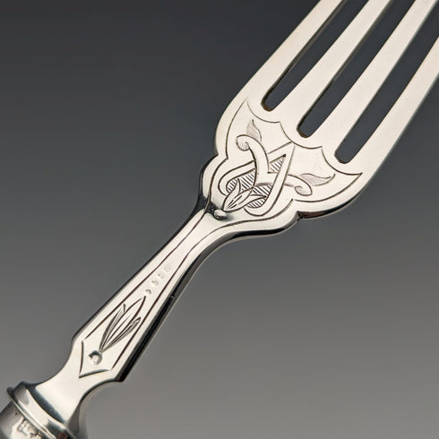 1871 British antique all-sterling silver fish cutlery set, 6 pairs, total 608g, Martin and Hall, with tray