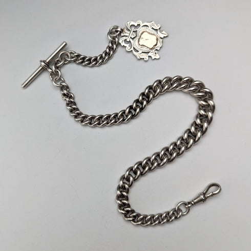 1906年 英国アンティーク 純銀製アルバートチェーン 極太85g エンブレムフォブ